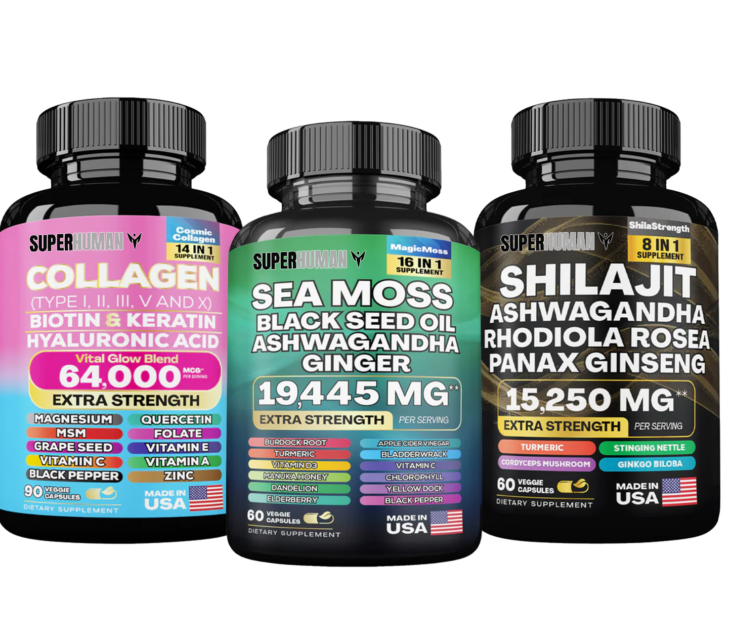 SuperHuman™ Power Bundle: Sea Moss 16-in-1 Magic Blend + Shilajit 8-in-1 Bulletproof Blend + Collagen 14-in-1 Anti-Aging Protein Blend