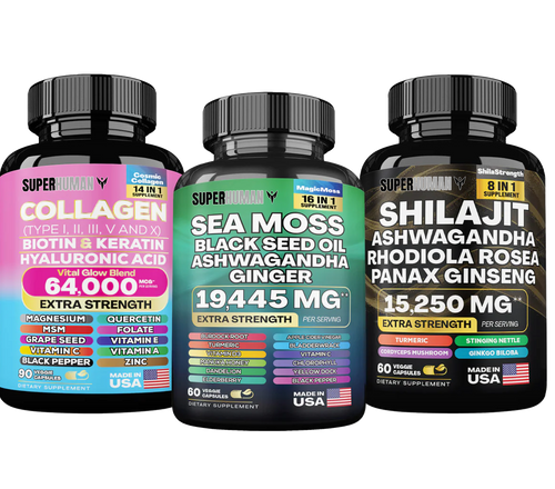 SuperHuman™ Power Bundle: Sea Moss 16-in-1 Magic Blend + Shilajit 8-in-1 Bulletproof Blend + Collagen 14-in-1 Anti-Aging Protein Blend