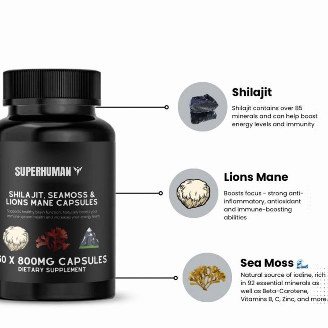 Shilajit, Sea Moss, Lion's Mane Capsules.