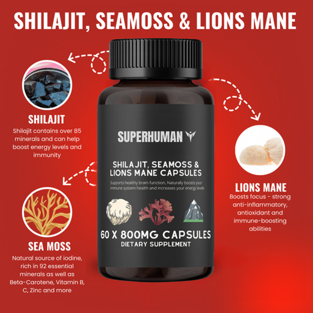 Shilajit, Sea Moss, Lion's Mane Capsules.