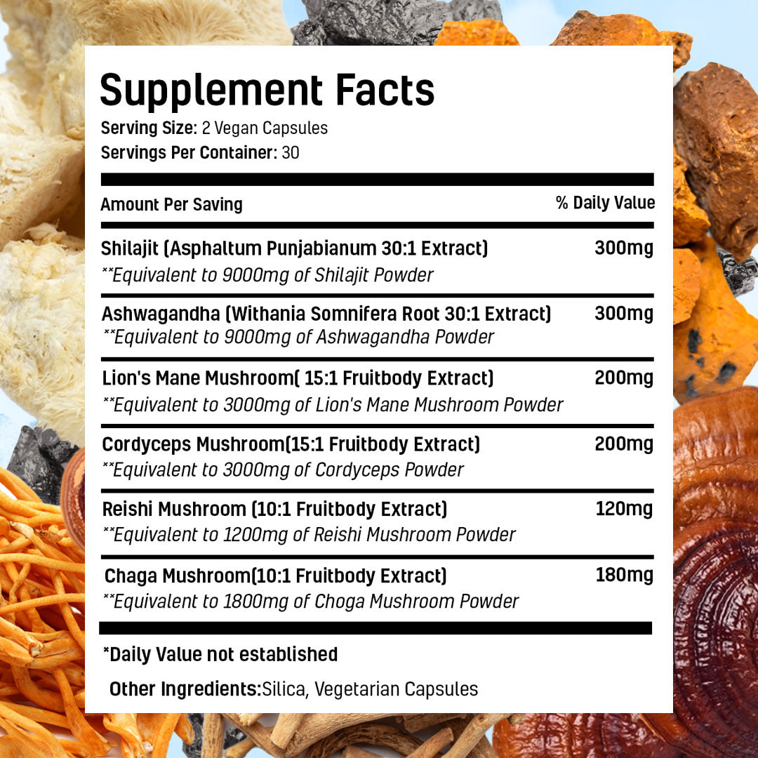 Shilajit, Sea Moss, Lion's Mane Capsules.