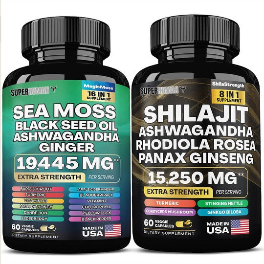 New SuperHuman™ Super Bundle: Sea Moss 16-in-1 Magic Blend + Shilajit 8-in-1 Bulletproof Blend